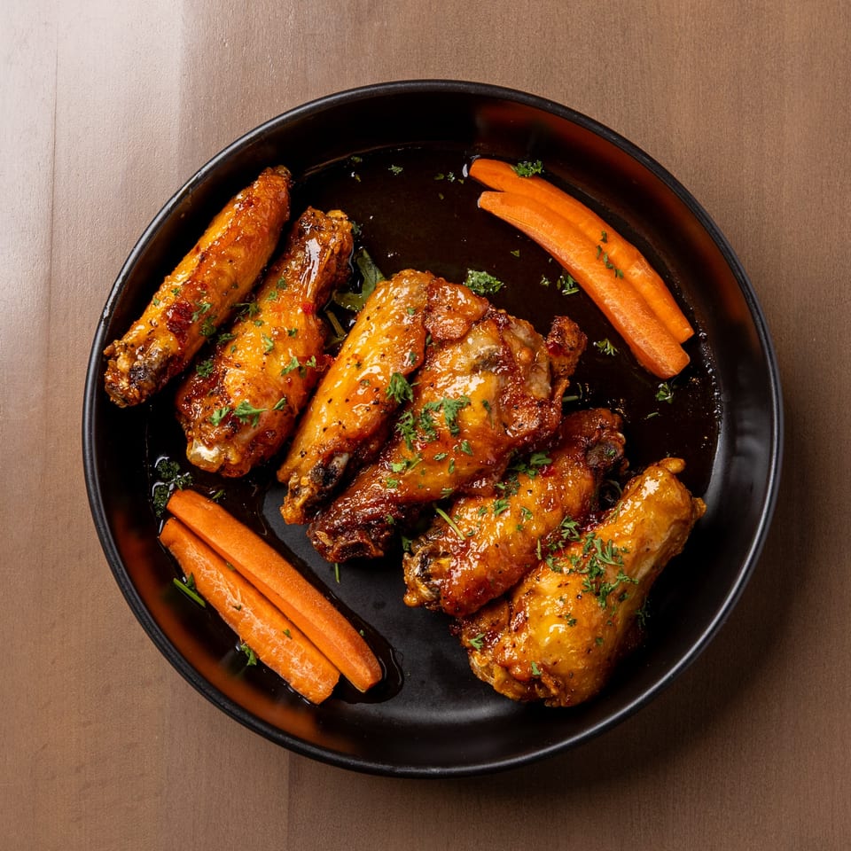 Glazed chicken wings with fresh parsley and carrot sticks in a black bowl.