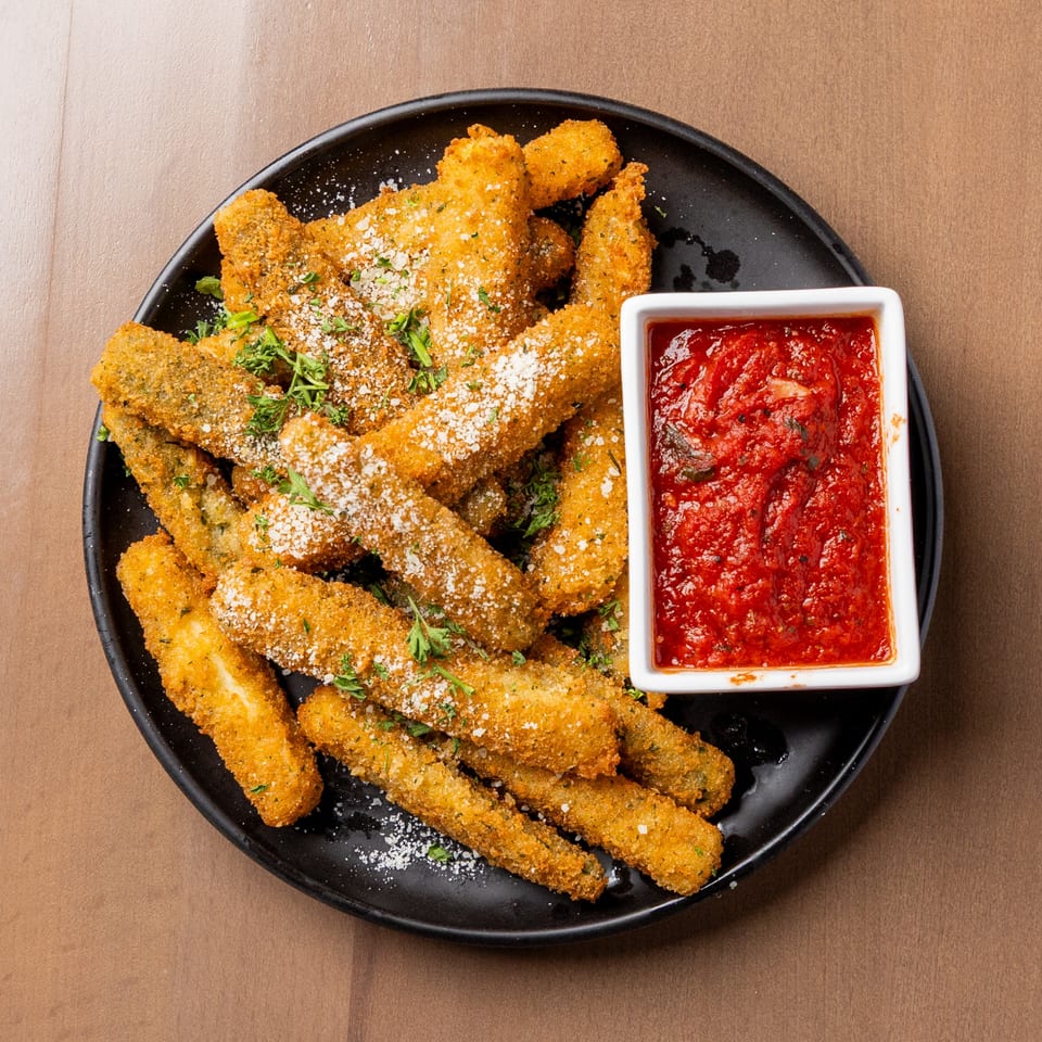 Golden-brown fried mozzarella sticks, sprinkled with parmesan and parsley, served with a side of marinara sauce.